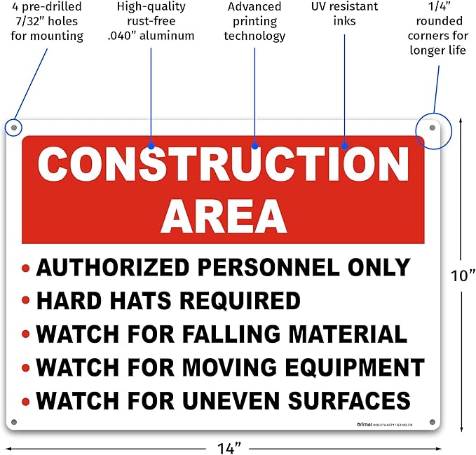 Brimar 14"x10" Construction Area Rules Sign - Aluminum, Weatherproof, Clear Rules and Guidelines, Essential Safety Signage for Construction Sites.