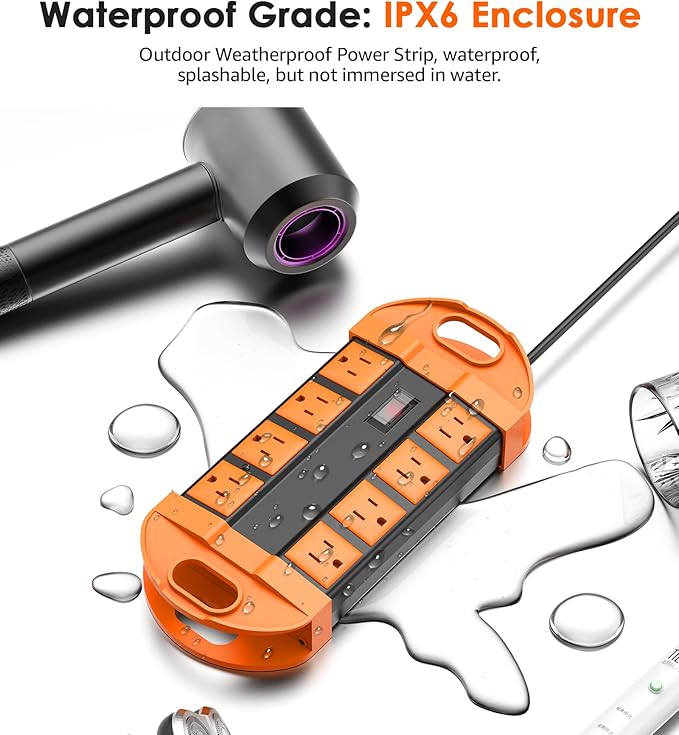 CCCEI Outdoor Power Strip Weatherproof with 8 Plug, Waterproof Extension Cord with Multiple Outlets, Christmas Exterior Garden Yard Surge Protector 25FT, Orange.