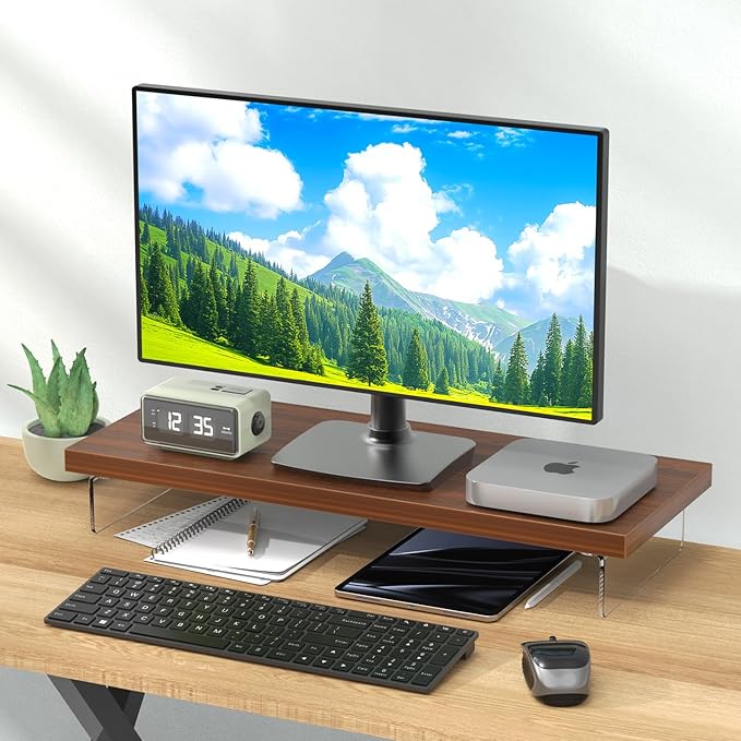 SSWOOD Monitor Stand Riser, Wood & Acrylic Computer Monitor Stand Desk Desktop Organizer Table For Home, Office Workspace, Laptop Riser, Printer, PC & TV Screen Riser
