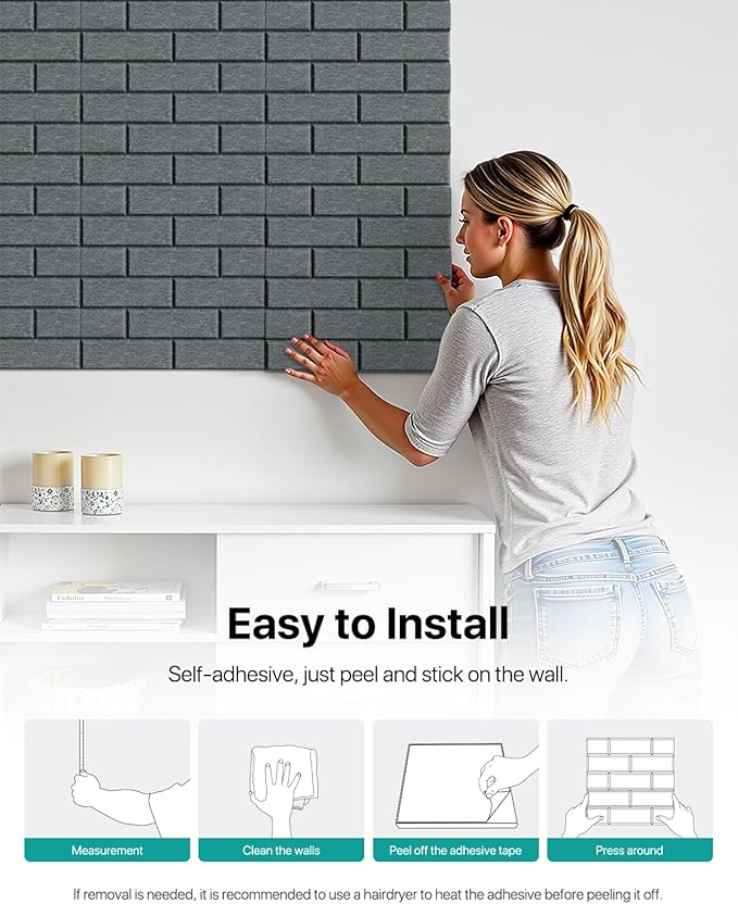 Acoustic Wall Panels Self-Adhesive, 12 Pack Sound Absorbing Panels Brick, High Density Sound Proof Foam Panels for Walls, Office,Reccording Studio, Ceiling 12" X 12" X 0.4" Dark Gray