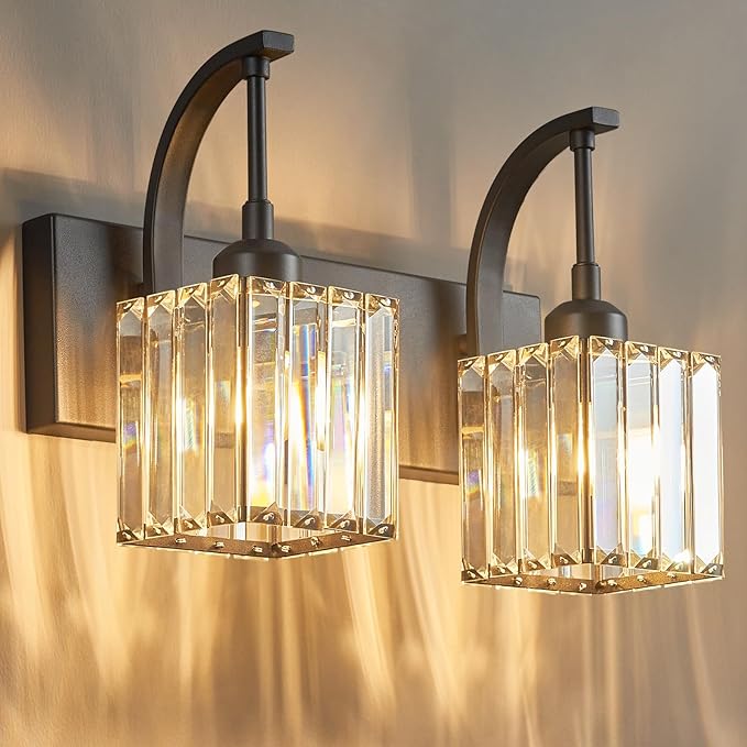 FDPBY Crystal Vanity Lights 2-Light Black Wall Lamp Modern Crystal Bathroom Light Fixtures Over Mirror 13.77" Long Bathroom Wall Sconce