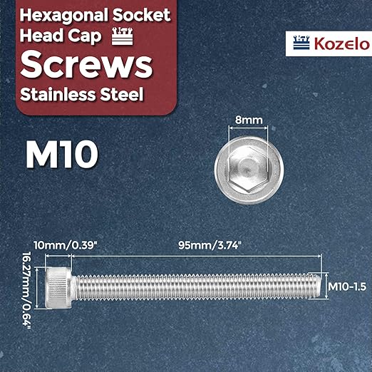 Kozelo 8pcs Socket Head Cap Screws - [M10-1.5 x 95mm] 304 Stainless Steel Allen Socket Drive for Electrical Motor 3D Printing Fan Engine Replacement Use, Silver