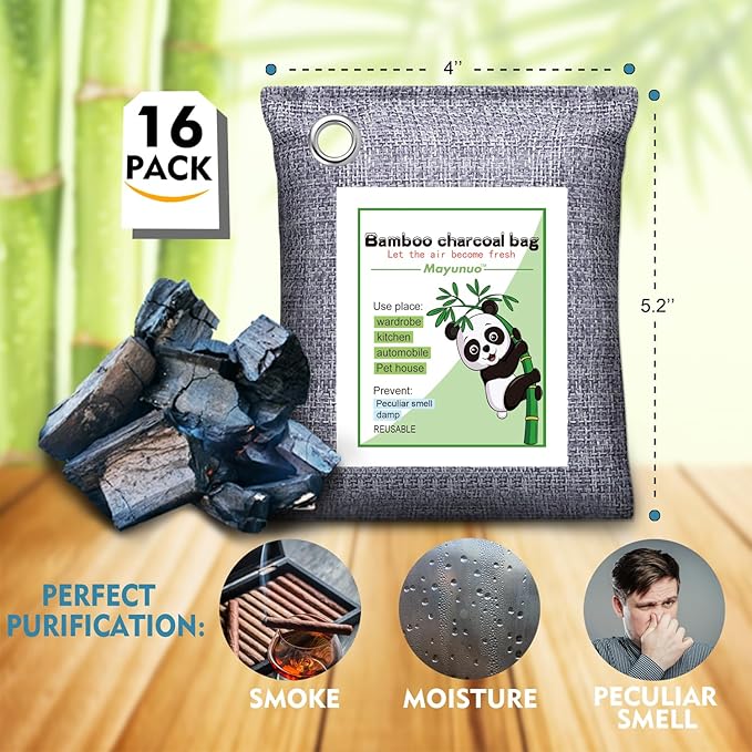 Mayunuo Activated Charcoal Odor Absorber for Strong Odor, Basement, Cars, Closets, Shoes, Smoke. 16 Pack Bamboo Charcoal Air Purifying Bags Deodorizer Odor Eliminator for Home