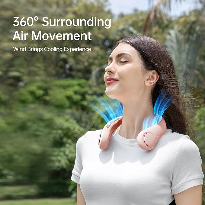 JISULIFE Portable Neck Fan, Hands-Free Bladeless, 5 Speeds, 4000 mAh Battery Operated Wearable Personal Fan, Twistable, Rechargeable, Gift for Women Men-Pink