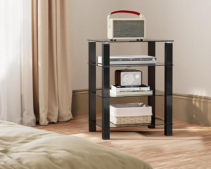 FITUEYES 4-Tier Media Stand Audio/Video Component Cabinet with Glass Shelf for/Apple Tv/Xbox One/ps4 AS406002GB