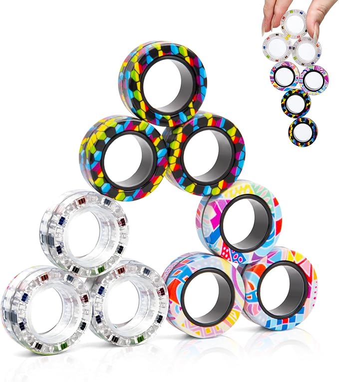 9Pcs Magnetic Rings Fidget Toys for Adults and Kids,Fidget Spinner Rings for Anxiety Relief Therapy Toys for Boy and Girl Ages 8-13,Teens Gift for Teen Party Favors Stocking Stuffers