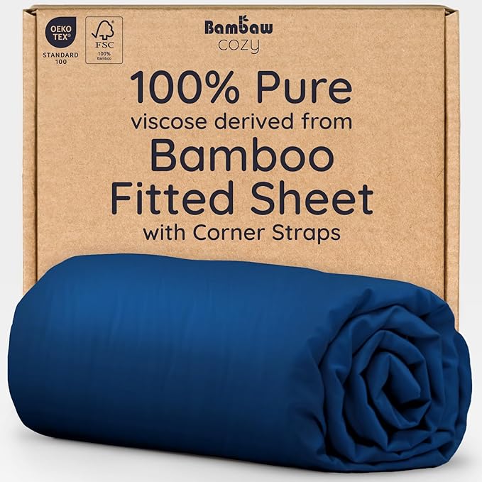 Bambaw 100% Viscose Derived from Bamboo Full Fitted Sheet, Cooling Fitted Sheet Full Size, Navy Blue Fitted Sheet Only, 15’’ Deep Full Bed Fitted Sheet Only, Full Mattress Fitted Sheet (Navy Blue)