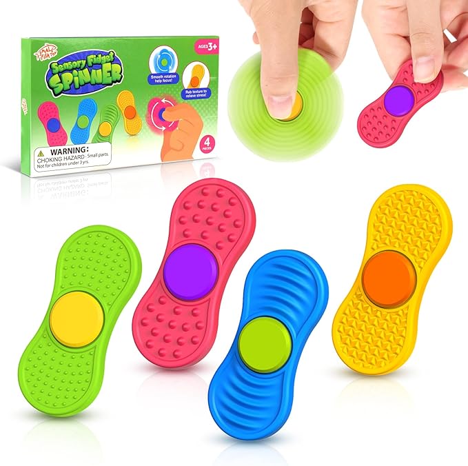 Sensory Fidget Spinnes for Kids Adults：Textured Finger Fidgets 4 Pack, Quiet Classroom Prize, Worry Stones for Kids with Autism ADHD, Anxiety Relief Office Desk Stress Toys Stocking Stuffers
