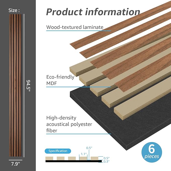 Art3d 6-Piece Wood Slat Acoustic Panels for Stylish Decor and Noise Reduction, 3D Textured Panel for Ceiling and Wall, Walnut