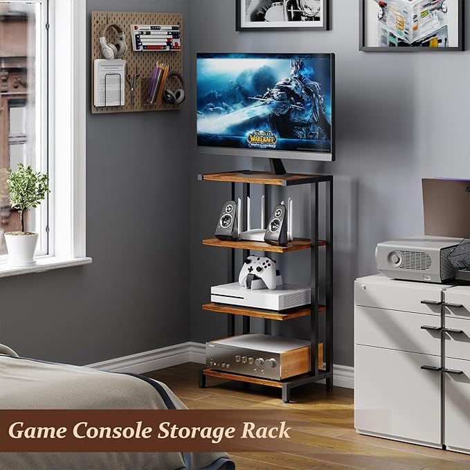 X-cosrack 16.5" Small 4-Tier AV Media Stand,Narrow Version Wooden Corner Shelves Stereo Cabinet Audio Rack Stand Tower Perfect for Small DVD Players Game Console TV Box Cable Box WiFi Router