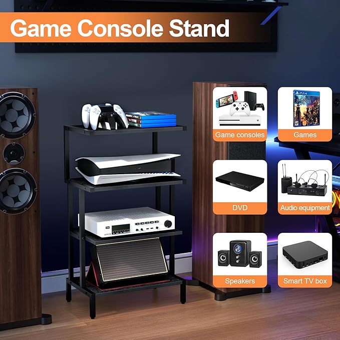 Aquzee Media Stand, Gaming Shelf, 4 Tier Small Electronics Shelves Video Game Console Organizer Cabinet, Wood Stereo Racks AV Shelves for Entertainment Center Storage, Recreation Room Furniture,Black