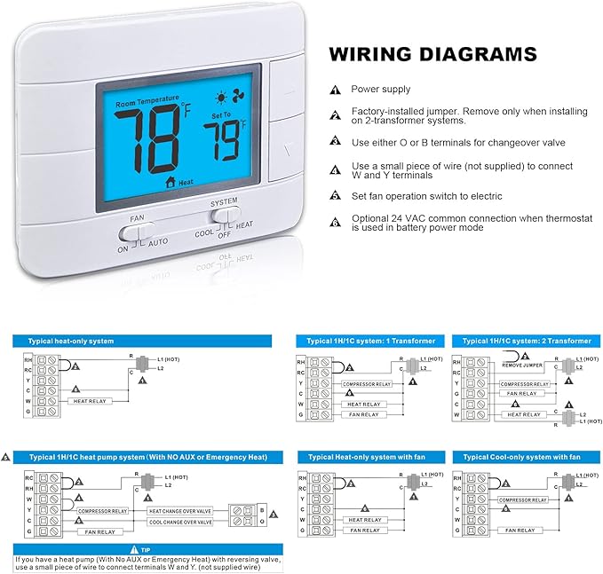 Aowel Non Programmable Thermostat for Home 1 Heat/ 1 Cool Single-Stage System, with Room Temperature Monitor (LCD Blue Backlit Screen)