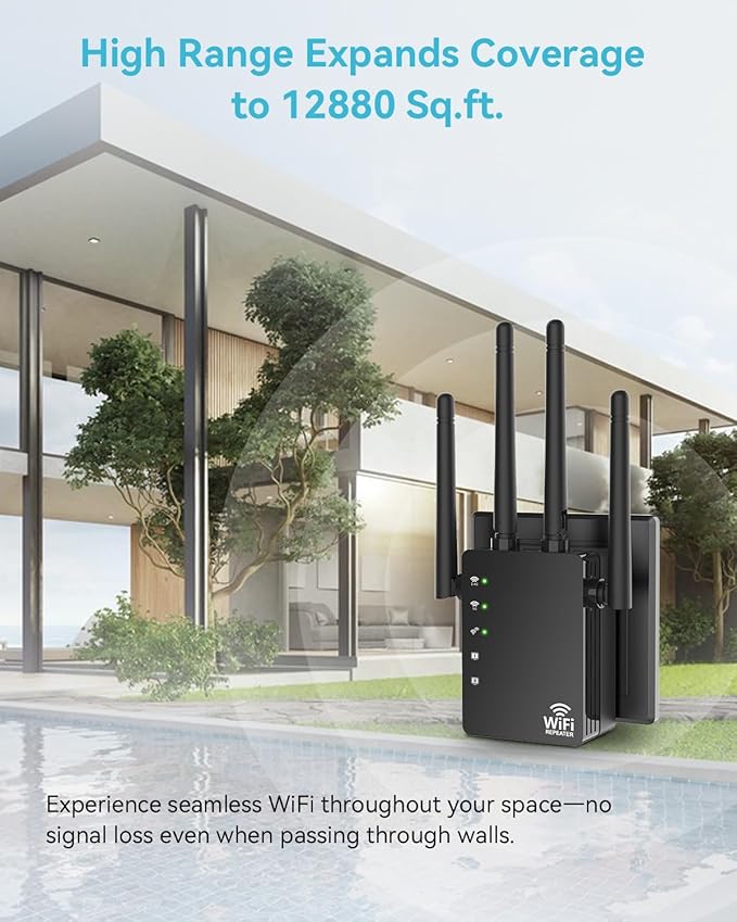 105-Device Compatible WiFi Extender Signal Booster, WiFi Extender, 12880 Sq.Ft Long Range, Dual Band 5GHz/2.4GHz 1200Mbps, Simple Installation for Home & Outdoor