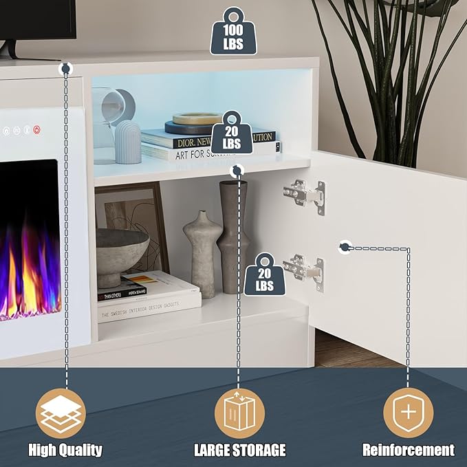 VITESSE TV Stand Fireplace with 36" inch Electric Fireplace Up to 80" TVs, LED Light Entertainment Center, 70" Modern Wood High Gloss with Highlight Storage Cabinet for Living Room (White)