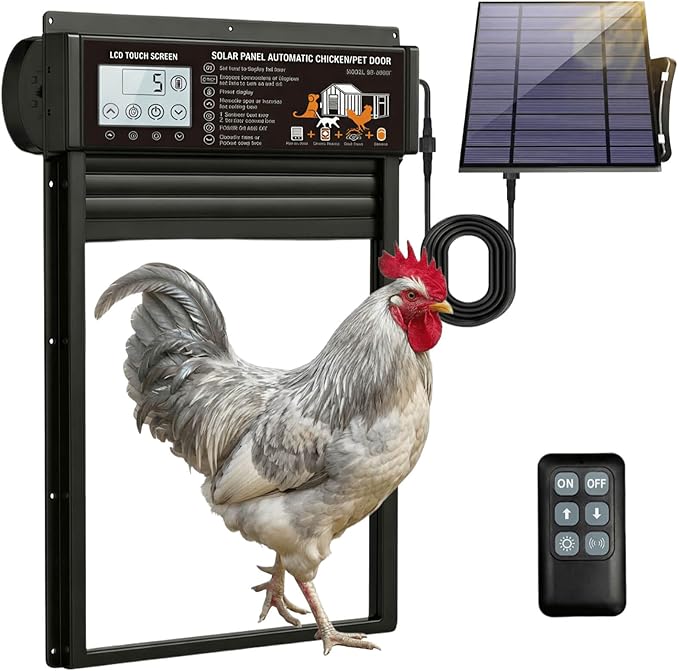 XRDZYXGS Automatic Chicken Coop Door Opener, Space-Saving Roll-up Design, 11.8" x 18.9" Aluminum Alloy Poultry Door for Ducks Geese, Solar Panel with Built-in 6000mAh Battery, Support USB-A Power