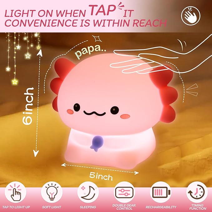 MAGOHMT 3 Level Dimmable Duck Night Light for Kids, Axolotl Night Light, Rechargeable LED Squishy Novelty Animal Lamp for Kids Sleep, Nursery Room Decor