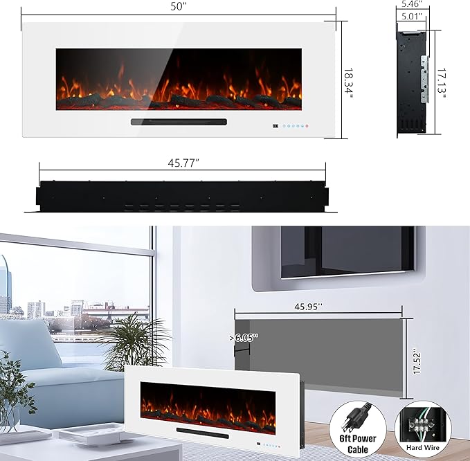 50" Electric Fireplace, Recessed & Wall Mounted Fireplace Heater 13 * 13 Colors Flame &Fuel Bed w/5 Dimmer, Touchscreen &Remote Control Temp, Overheating Protect, Hardwired, 1500W, White