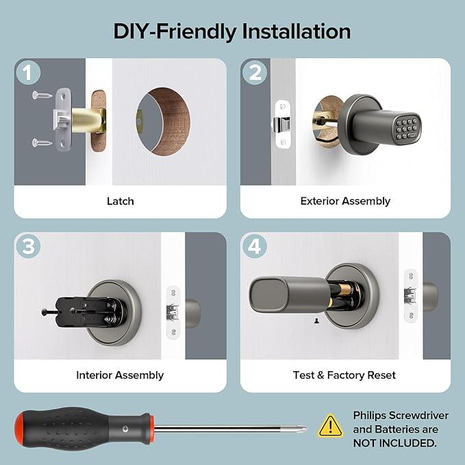 ThorBolt Keyless Entry Door Lock, Fingerprint Door Lock with Keypad Biometric Door Knob, Auto-Lock for Interior Doors Thickness up to 2-1/4", Bedroom, Home Office, Garage, 4xAA Alkaline, MD1 Titanium