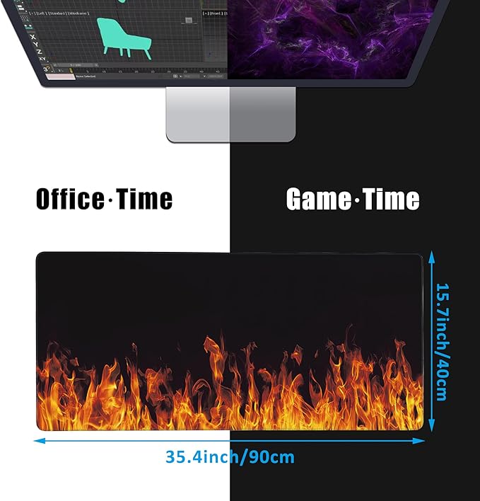 EOBKLAX Fire Flames Large Gaming Mouse Pad,Waterproof Desk Mat for Desktop,Non-Slip Rubber Base Mousepad with Stitched Edges for Laptop Office and Home 35.4X15.7 Inch