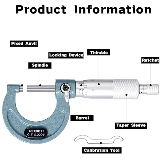 REXBETI Outside Micrometer, Ultra-Precision Carbide Tipped Measuring Tool Set, Ratchet Stop, 0-1" Range, 0.001" Graduation, +/-0.0001" Accuracy, Protective Case