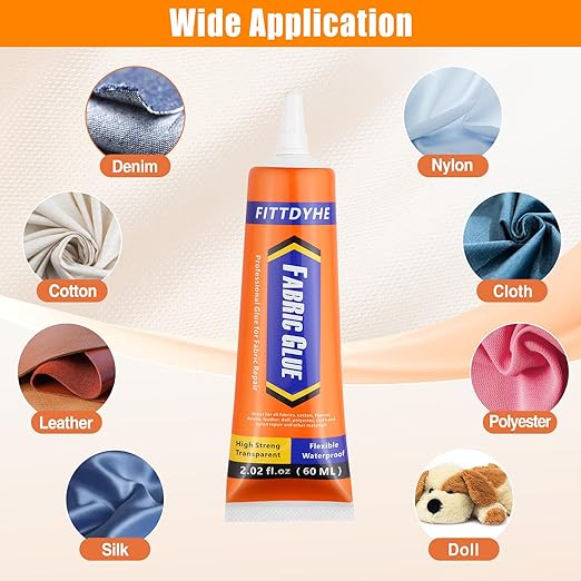 FITTDYHE Fabric Glue Permanent, 60 ML Washable Clear Clothing Glue, Super Fabric Adhesive for Rhinestones, Patches, Clothes, Denim, Leather, Polyester, Fabrics, Doll Repair, Flannel, Cotton