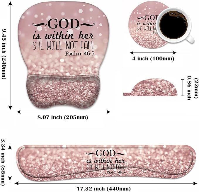 Ergonomic Mouse Pad Wrist Support and Keyboard Wrist Rest Set with Coasters, Non-Slip PU Base, Easy Typing & Pain Relief, Perfect for Home Office Working Studying, Bible Verse Psalm 46:5