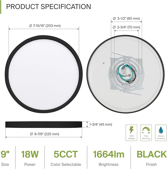ASD LED 9" Round Flush Mount Ceiling Light Fixture, Low Profile Surface Lighting | 5CCT, Dimmable, Ultra-Thin, ETL Listed | 18W 1660LM 2700-6000K 120V | Kitchen, Bedroom, Hallway Lamp | Black