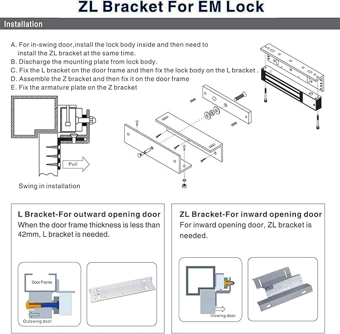 Z and L Bracket for 280KG 600LBS Holding Force Electromagnet Lock Single Door Access Control Electric Magnetic Door Lock