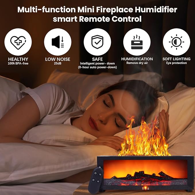 Fireplace Humidifier Diffuser, 7 Colors Flame Diffuser for Essential Oils, Fire Aroma Diffuser with Remote, Air Humidifiers Aromatherapy Diffuser for Home, Bedroom, Office,Yoga