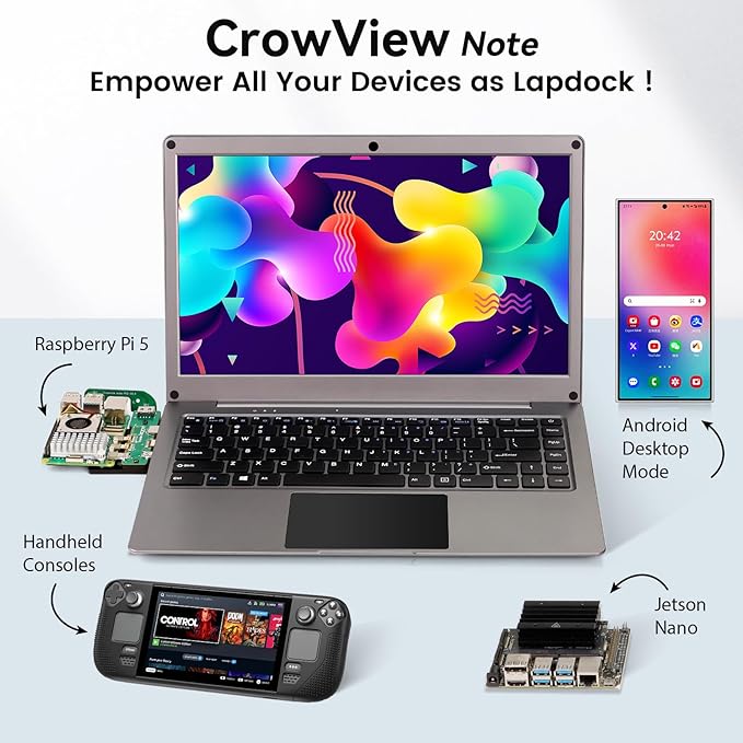 GrowCube Portable Monitor with Keyboard,14inch 1080P FHD Lapdock Compatible with Mini PC/Phone/PC/Game Console,CrowView Note with RPi5 & Jetson Adapters(Full Feature TypeC & HDMI Cable Included)