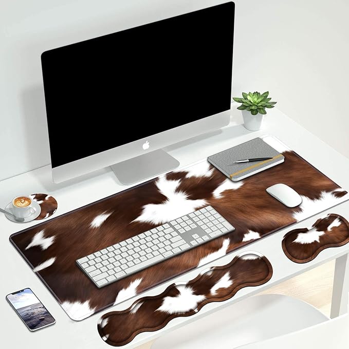 4 in 1 Ergonomic Keyboard Wrist Rest & Mouse Pad Wrist Rest Set, Large XXL Gaming Desk Mat 31.5"x 11.8" with Non-Slip Base, Memory Foam for Home Office Study Gaming, Brown Black Cow Print