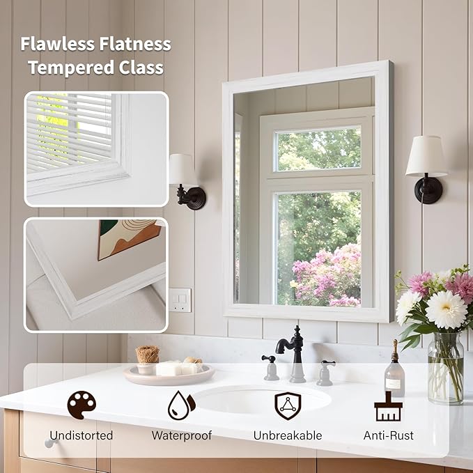 White Wood Effect Framed Wall Mirror, 22x30 Rectangle Mirror, 1/8" Anti-desilvering Tempered Glass, Sustainable& Sturdy Frame, Anti-Rust, HD Reflection &3min Fast Setup for Bathroom Living Room