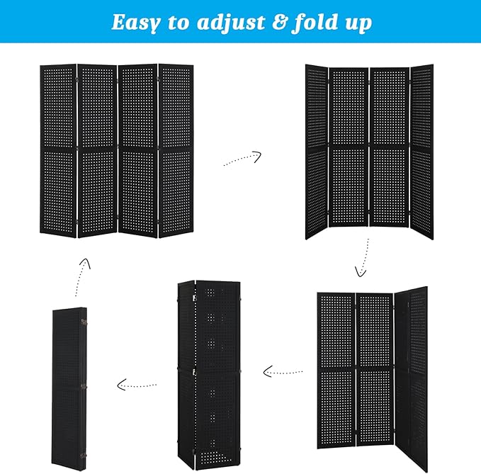 Bonnlo 4 Panel Pegboard Freestanding, 5 FT Portable Display Board Organizer for Craft Show Jewelry, Wooden Folding Privacy Screen Room Divider (with Base, Black)