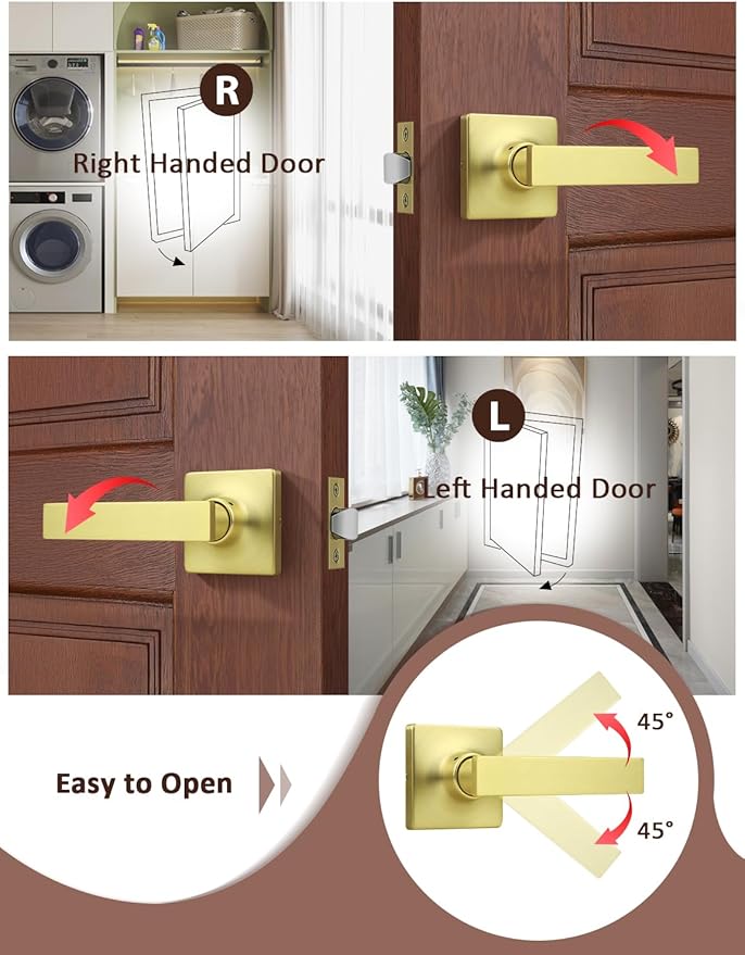 Mengico 10 Pack Passage Door Levers Gold Finish, No-Locking Keyless Square Door Knob, Interior Door Handles for Closet and Hallway, Reversible for Left & Right Handed