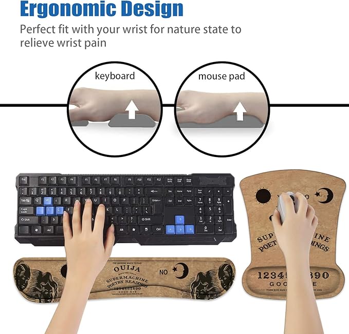 Ergonomic Mouse Pad Wrist Support and Keyboard Wrist Rest Set with Coasters, Non-Slip PU Base, Easy Typing and Relieve Wrist Pain, Perfect for Home Office Working Studying, Retro Ouija Board