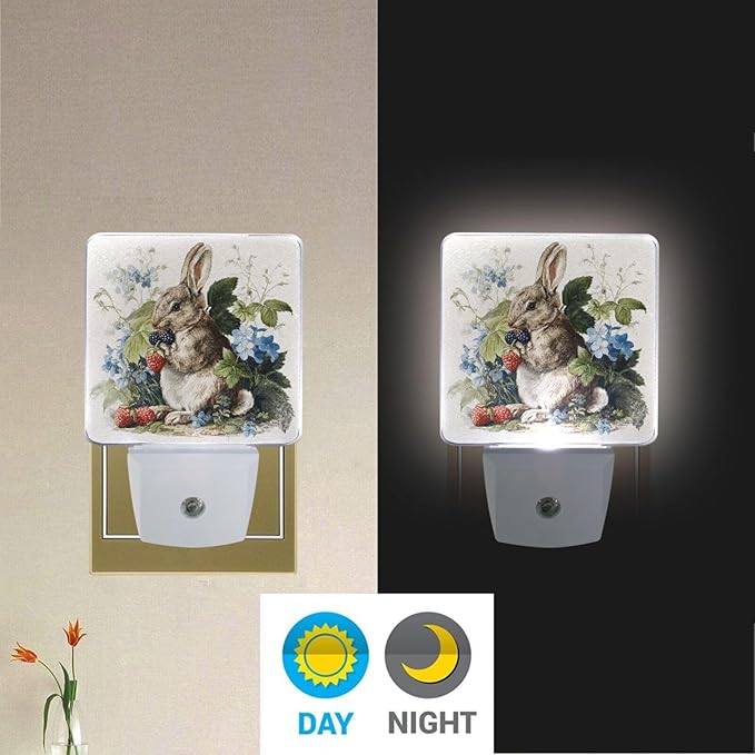 Pigsaly Led Night Light Watercolor Rabbit Strawberries Night Light Plug in Wall Lamp Smart Dusk to Dawn Sensor Nightlight Led Lamp Energy Saving Lights Gift for Kids Room Bedroom Bathroom Hallway
