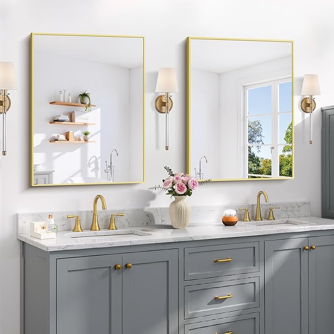 Gold Bathroom Mirror for Wall, 24x32 Inch Rectangle Mirror with Metal Frame, Modern Vanity Mirrors for Bathroom Living Room, Entryway Hangs Horizontal or Vertical