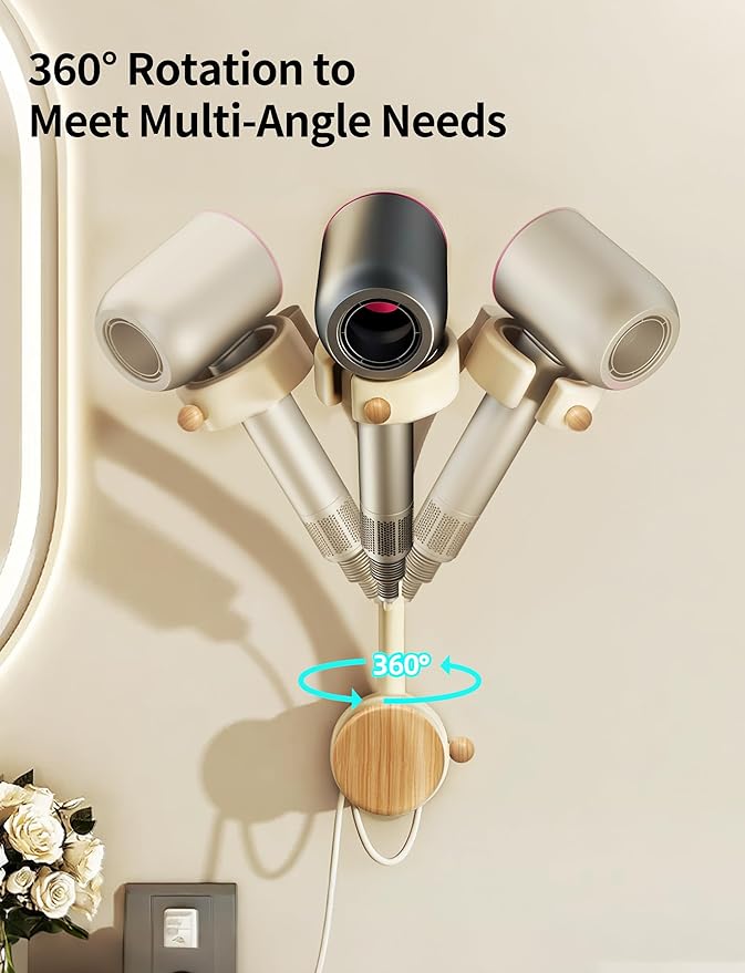 Hands Free Hair Dryer Holder Wall Mounted with Suction Cup, No Drill Installation for Damage-Free Walls, 360° Adjustable Blow Dryer Holder Fits Most Hair Dryers for Bathroom Organization 1Pack(Cream)