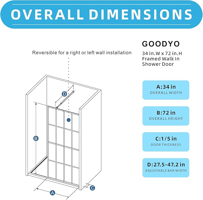 Goodyo 34" X 72" Shower Door Clear Tempered Glass Framed Shower Screen Walk-in Black Finish