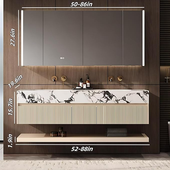 Fashionable Bathroom Vanity with Sink, Smart One-Click Defogging & LED Light, Bathroom Sink and Cabinet with Wave Striped Panel, Rockslab Countertop (Mirror Cabinet, 88IN)