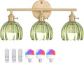 Shenmoyl Battery Operated Bathroom Light Fixtures, 3-Light Brass Vanity Wall Light with 5000mAh Rechargeable Bulb Over Mirror with Green Tulip Glass Shade for Bedroom Living Room