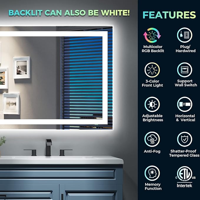 YEELAIT 60x36 Inch RGB LED Bathroom Mirror Front Light and RGB Backlit Lighted Vanity Mirror for Bathroom Wall Mounted Dimmable Anti Fog Memory Shatter-Proof IP54 Waterproof Horizontal/Vertical