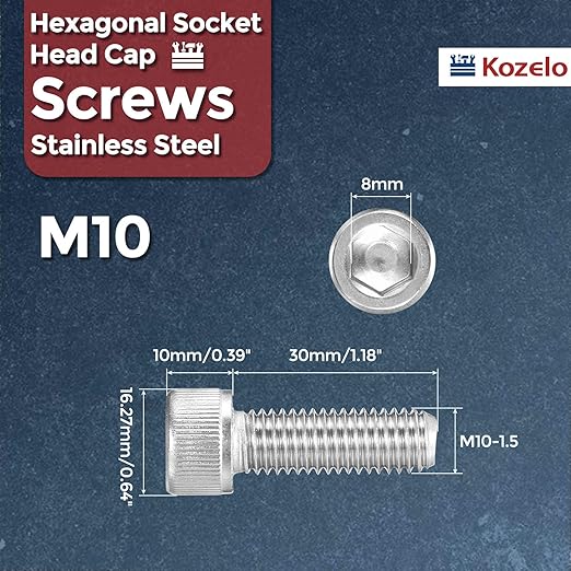 Kozelo 10pcs Socket Head Cap Screws - [M10-1.5 x 30mm] 304 Stainless Steel Allen Socket Drive for Electrical Motor 3D Printing Fan Engine Replacement Use, Silver