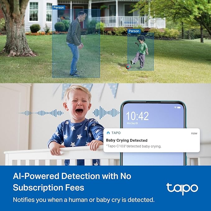 Tapo 2K Indoor/Outdoor Pan/Tilt Wired Security Camera - Baby Monitoring, Person & Baby Cry Detection, 360° Motion Tracking, Night Vision, No-Subscription Local Storage or Optional Cloud, C217 (2-Pack)