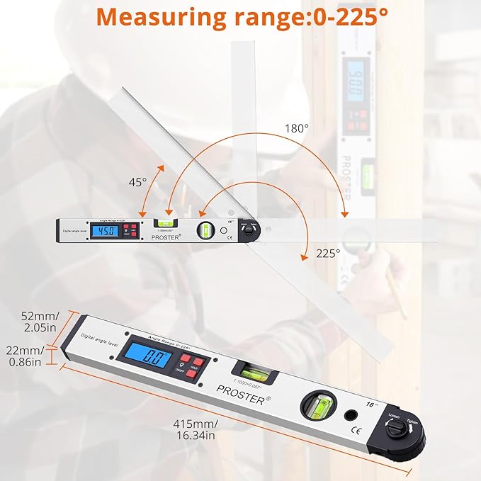 Proster 0-225° Digital Angle Finder Protractor - Aluminum Angle Gauges 225° 16 inch Backlit LCD Protractor with Horizontal and Vertical for Carpenter Woodworking Home Decoration
