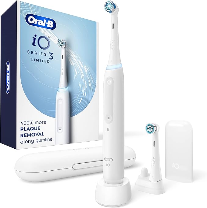 Oral-B iO Deep Clean Rechargeable Electric Toothbrush, White, iO Series 3 Limited, 2 Brush Heads, Travel Case, Pressure Sensor, 3 Cleaning Settings, 2-Minute Timer