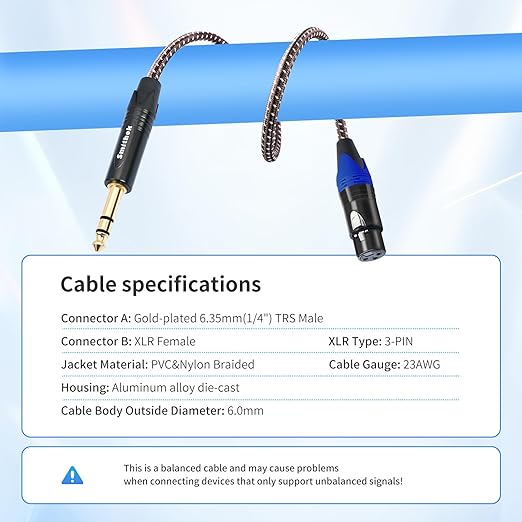 Smithok 1/4 to XLR Cable,Heavy Duty Nylon Braided,Gold Plated Plug,Balanced 1/4" TRS (Quarter Inch 6.35mm) to 3pin XLR Female Patch Cable, Microphone Cable, for Speaker,Mixer-10ft(3M)