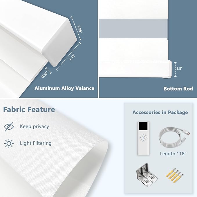 COOLWINDS Motorized Zebra Blinds for Windows Cordless Electric Curtains with Remote Control Blackout Shades Custom Smart Blinds Compatible with Alexa Google Home(Light Filtering White,Custom Size)