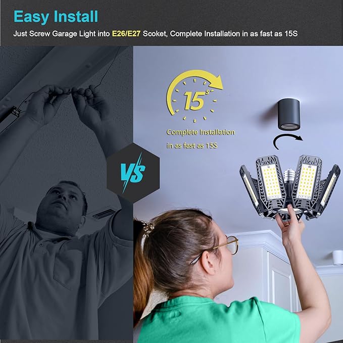 CHENGCHILIT LED Garage Light 6 Pack - 200w 20000LM 6500K Garage Lights Ceiling LED with 7+1 Adjustable Panels, Shop Lights Screw in E26 E27 Bulb Socket for Workshop, Storage Room, Basement, Warehouse