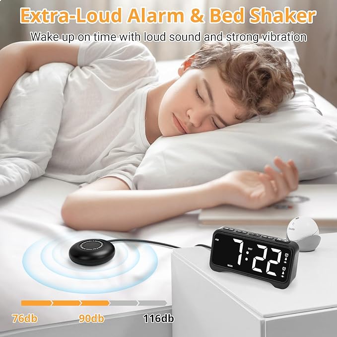 Loud Vibrating Alarm Clock for Heavy Sleepers with Bed Shaker Under Pillow, Hearing Impaired/Deaf/Teens, Dual Alarms, Adjustable Date, Nightlight & Battery Backup, Large LED Digital Display, 12/24H
